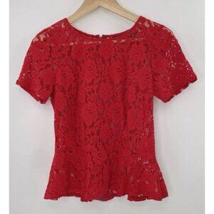 DKNY JEANS Women’s Red Lace Peplum Top Sheer Blouse Shirt Zipper Back Sz XS Boho